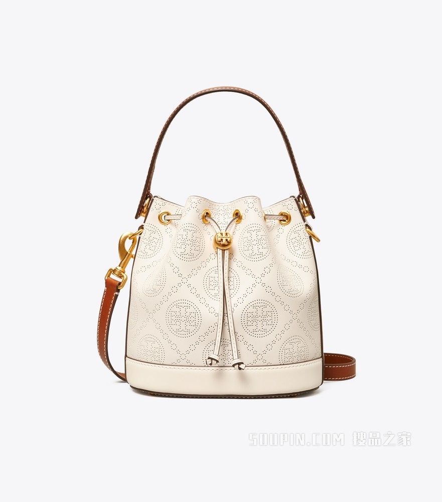 T Monogram 冲孔皮革水桶包 象牙白