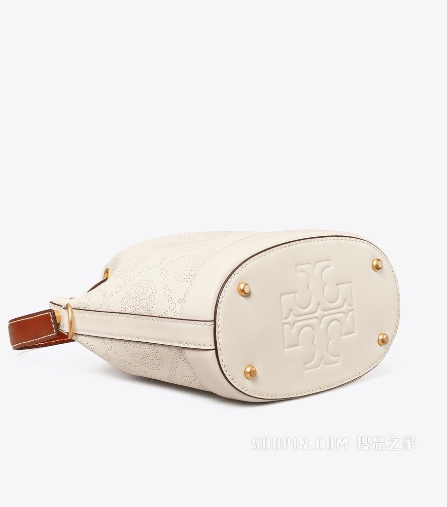 T Monogram 冲孔皮革水桶包 象牙白