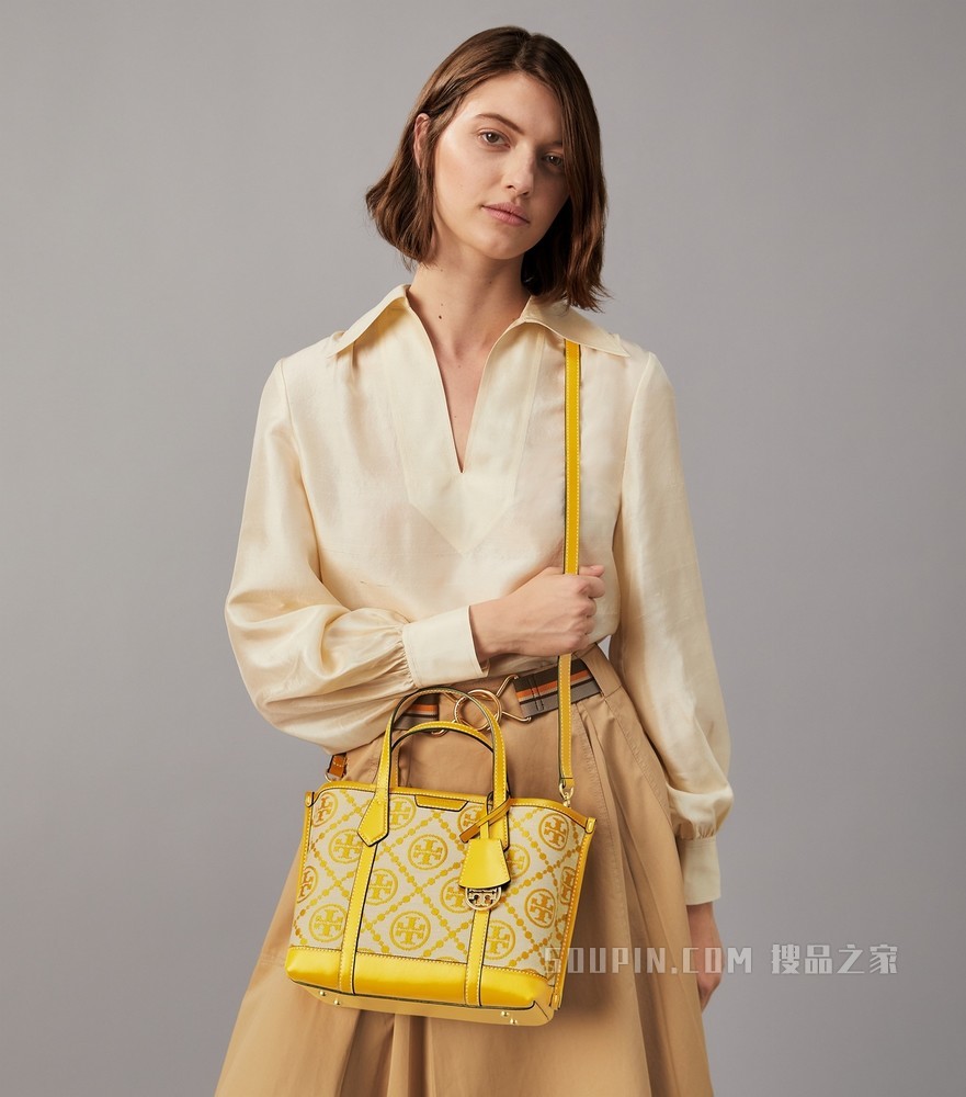 Perry Monogram 小号提花三重隔层托特包 黄色