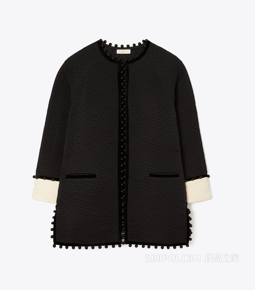 人字纹提花大衣 黑色