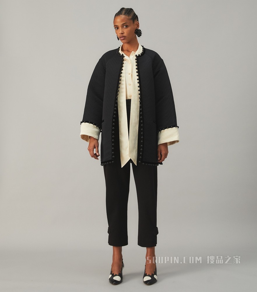 人字纹提花大衣 黑色