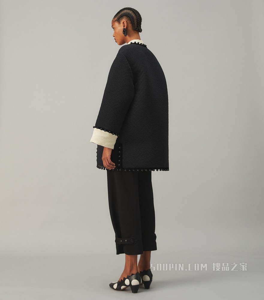 人字纹提花大衣 黑色