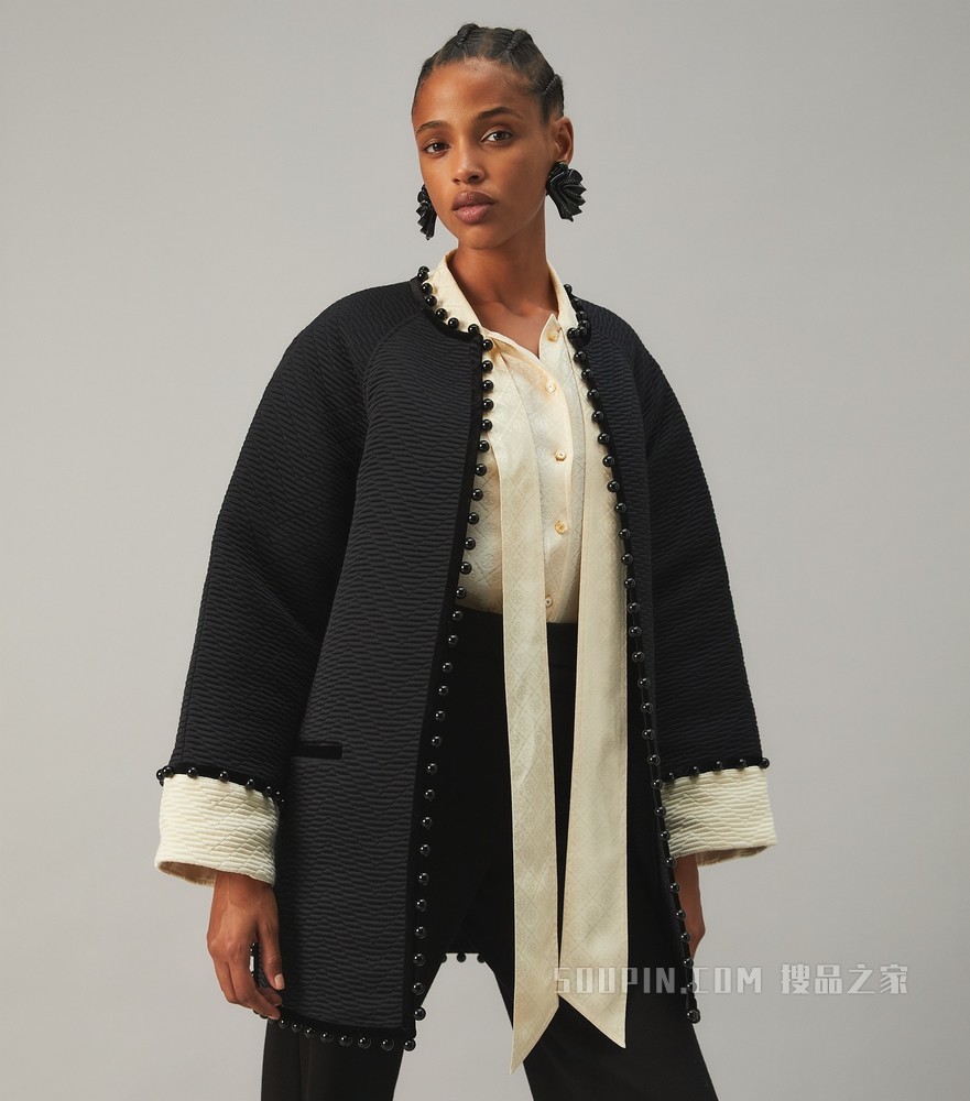 人字纹提花大衣 黑色