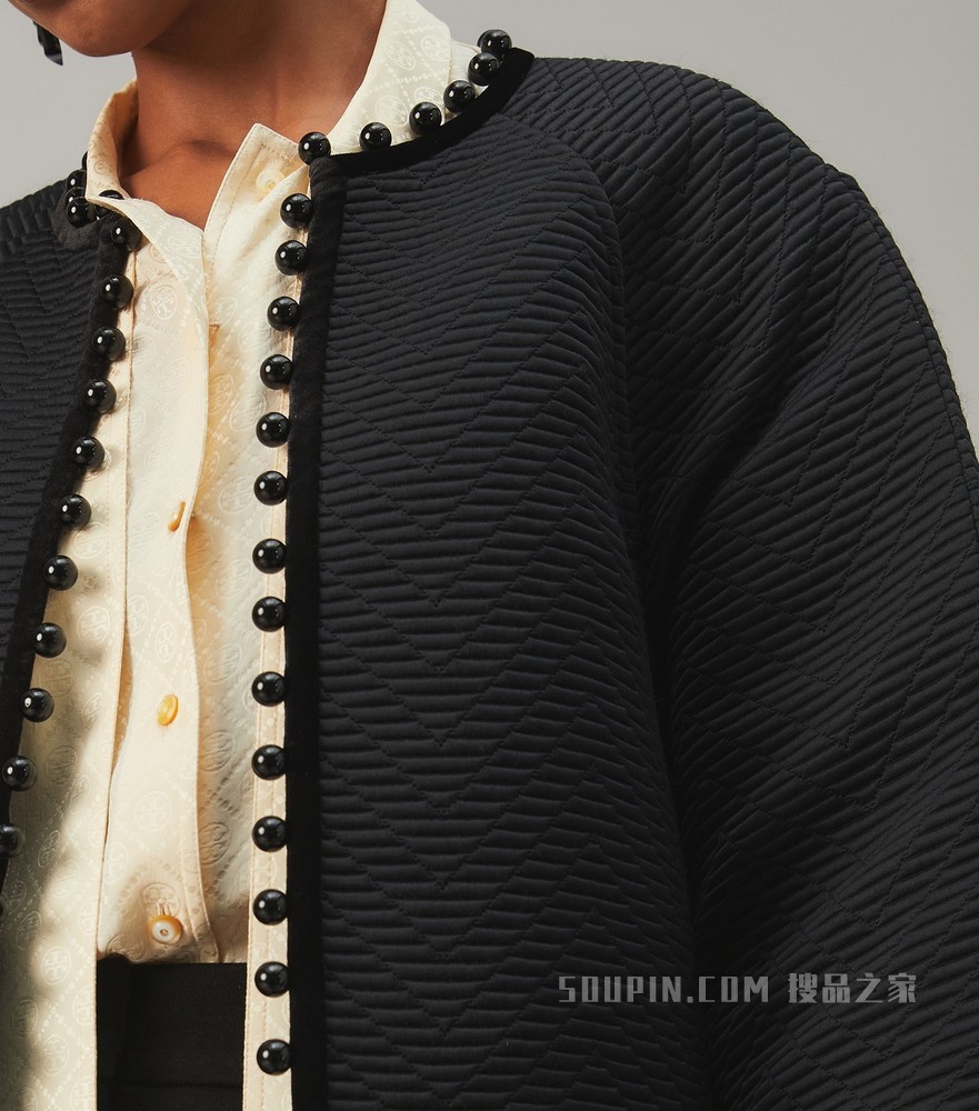 人字纹提花大衣 黑色