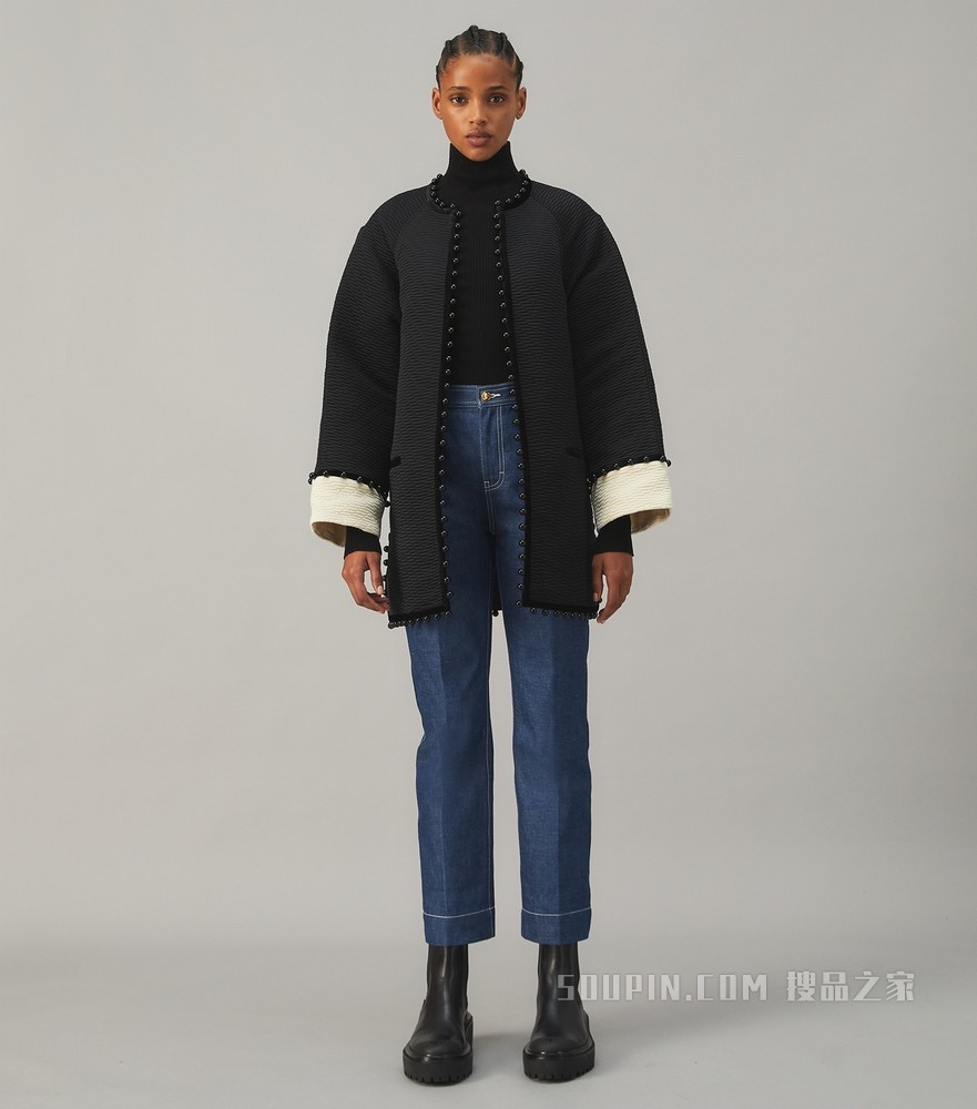 人字纹提花大衣 黑色