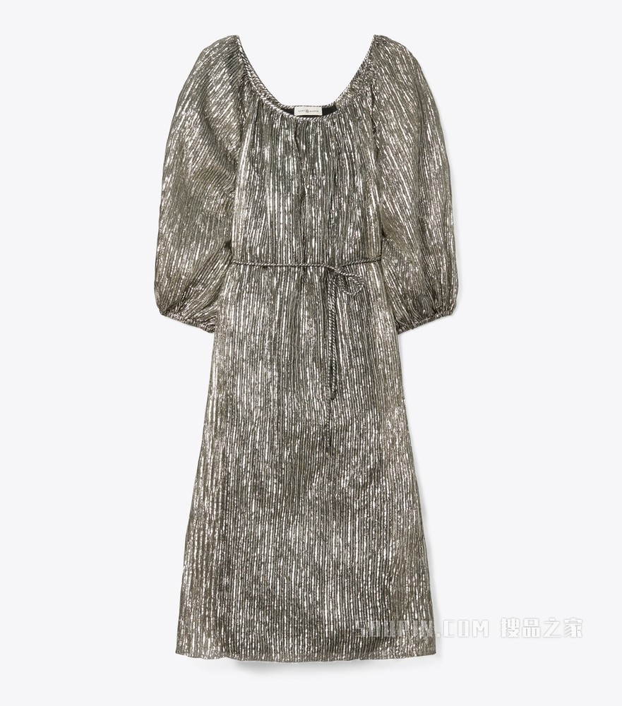 褶裥条纹金银丝连衣裙 金属银