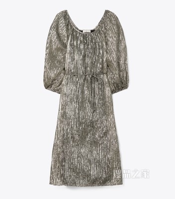 褶裥条纹金银丝连衣裙 金属银