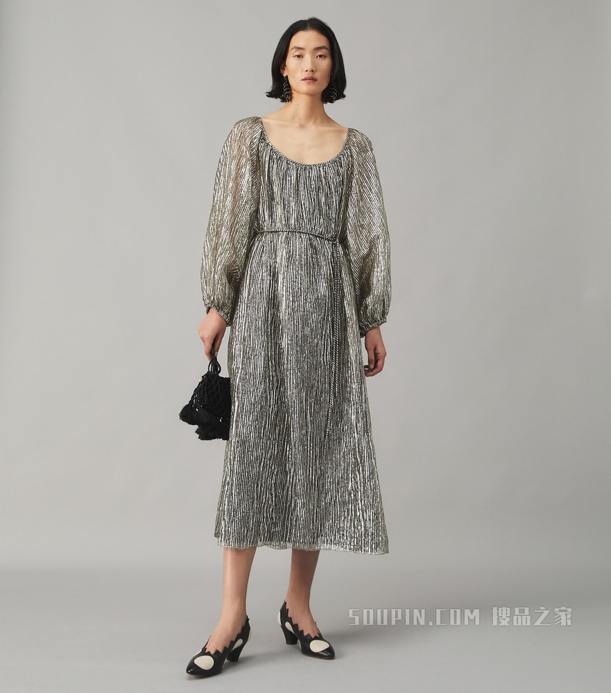 褶裥条纹金银丝连衣裙 金属银
