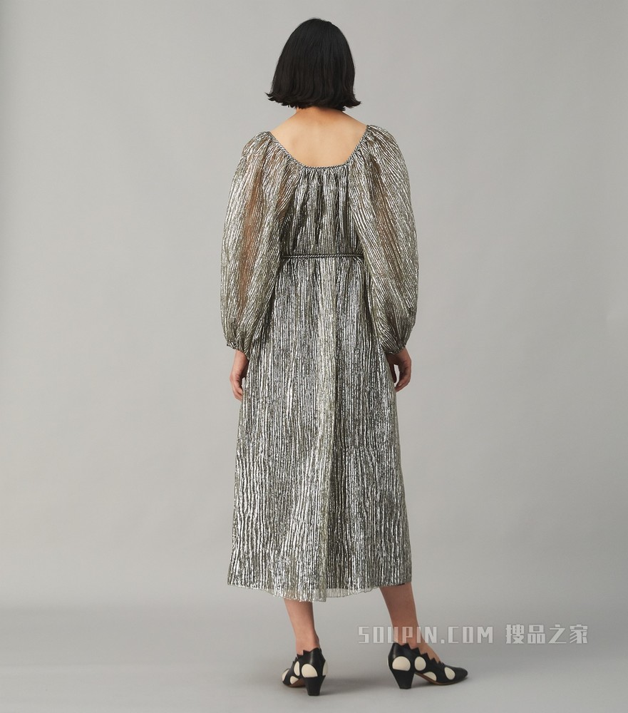 褶裥条纹金银丝连衣裙 金属银