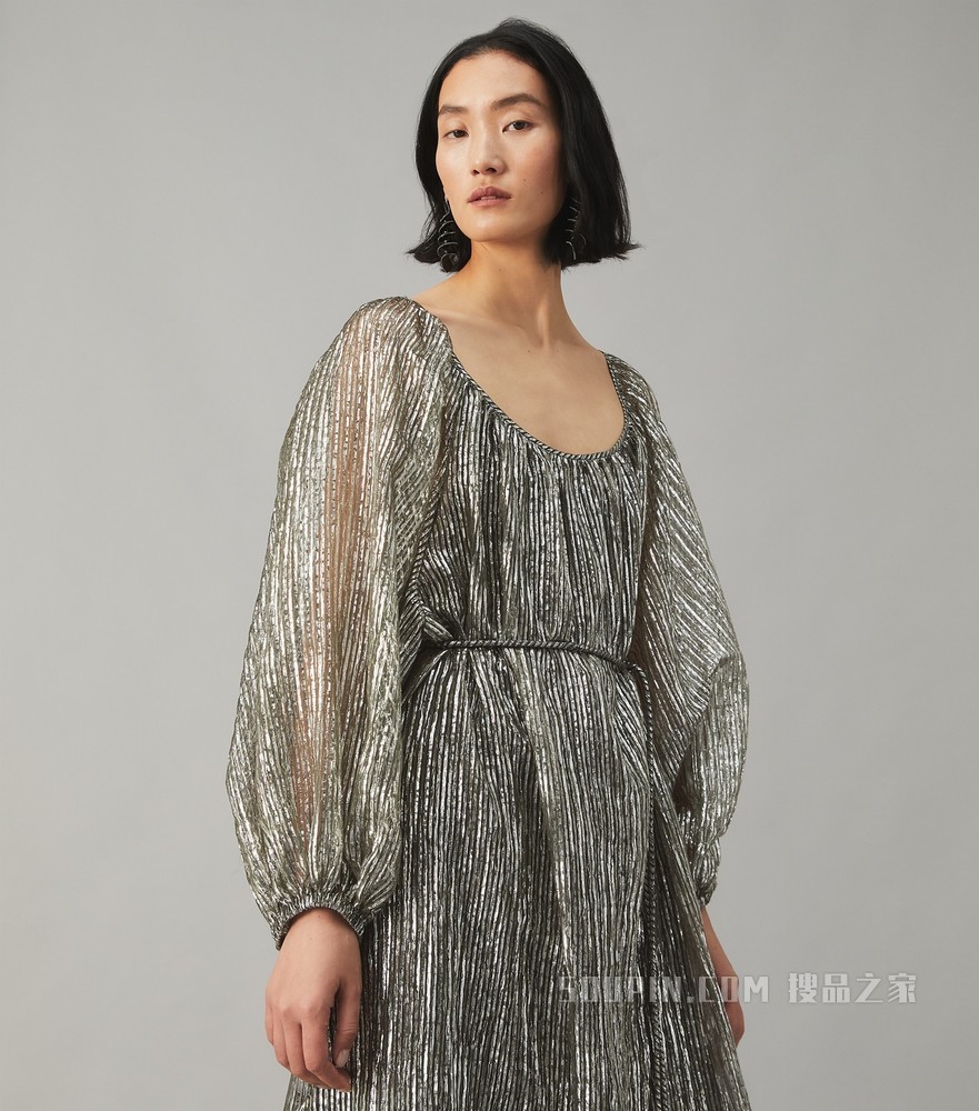 褶裥条纹金银丝连衣裙 金属银