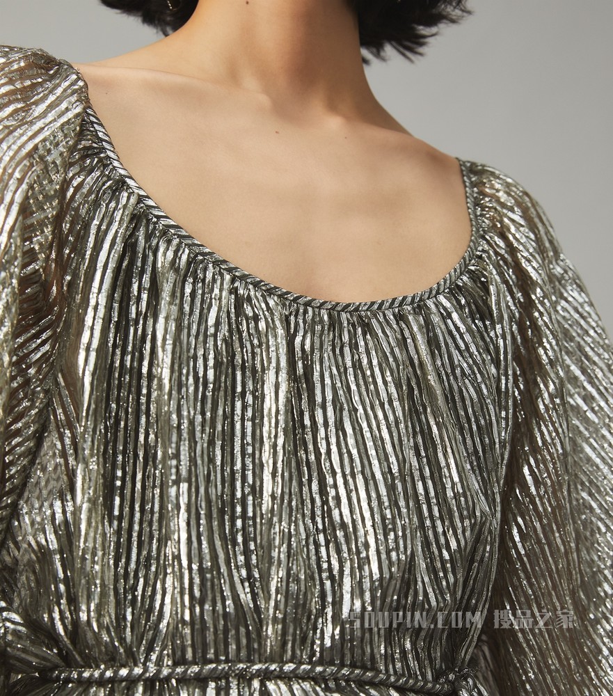 褶裥条纹金银丝连衣裙 金属银