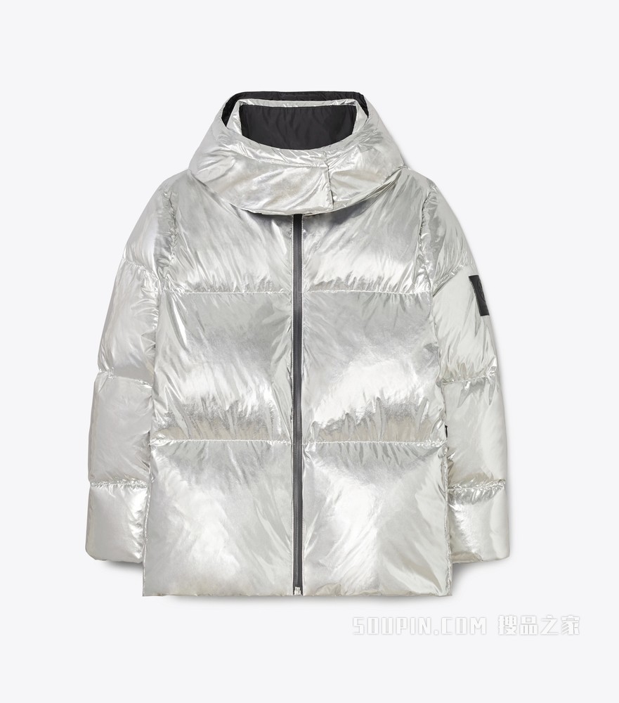 中国限定连帽羽绒金属感羽绒外套 银色/黑色