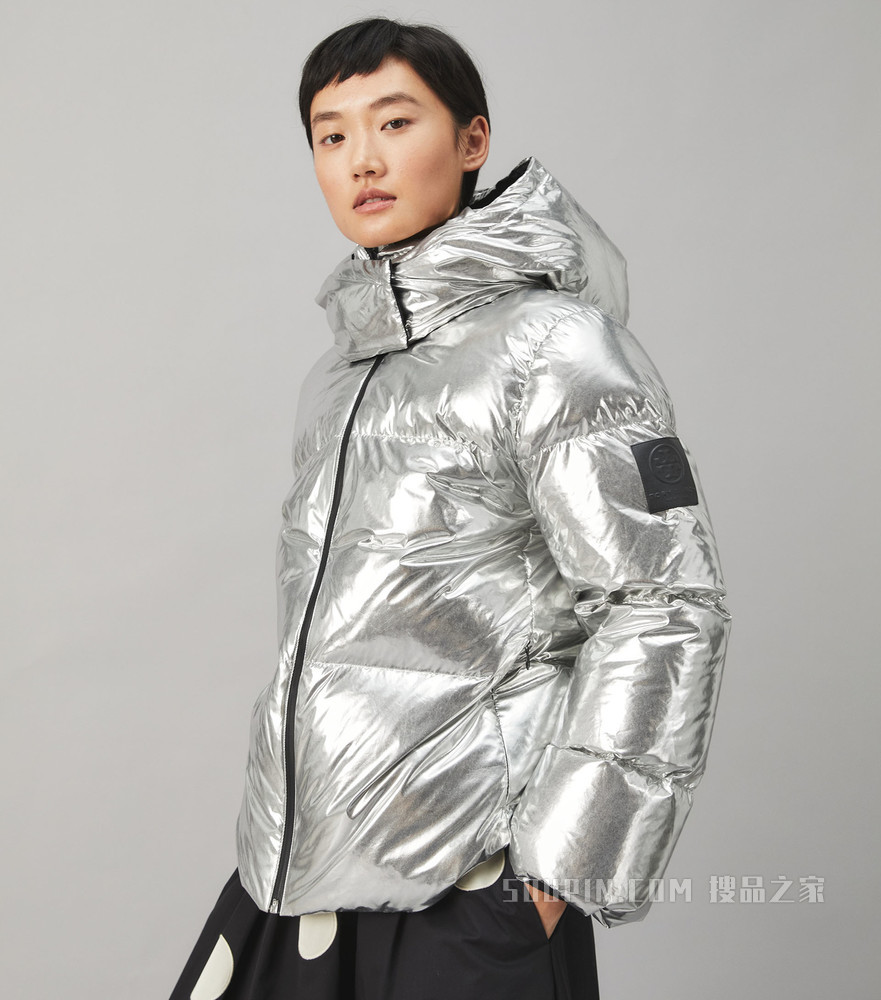 中国限定连帽羽绒金属感羽绒外套 银色/黑色