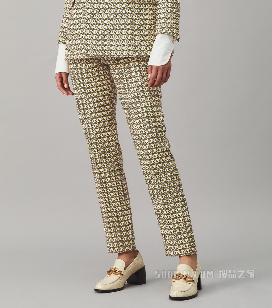 印花斜纹绉绸长裤 奶油白复古缎带