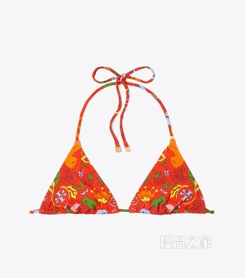 印花细带比基尼上衣 红色