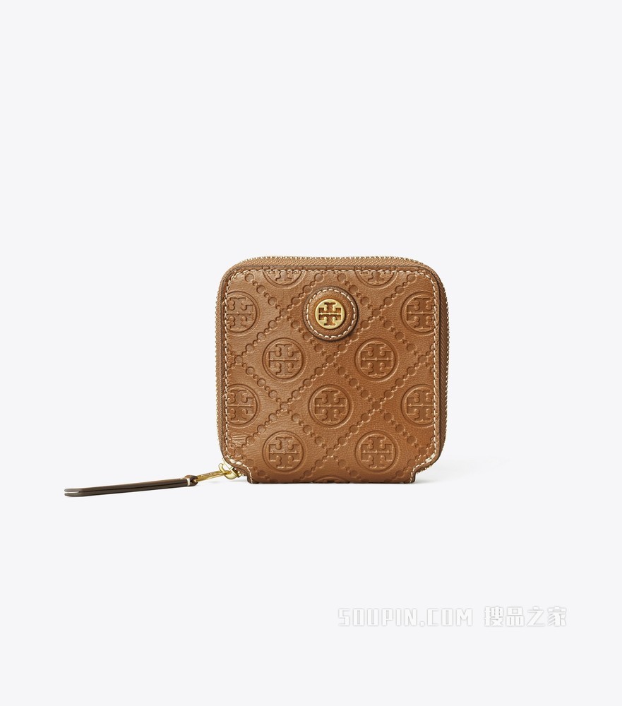 T Monogram 皮革双折钱包 棕色
