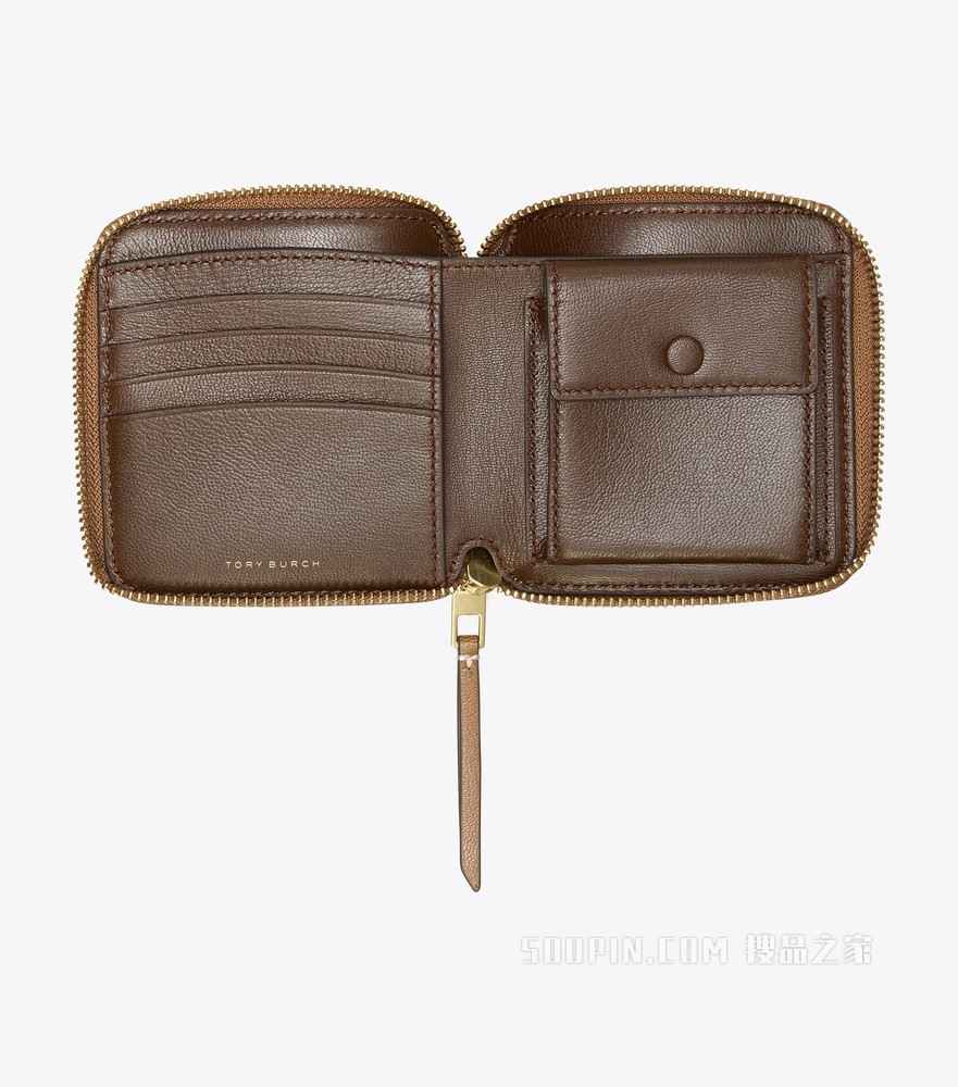 T Monogram 皮革双折钱包 棕色