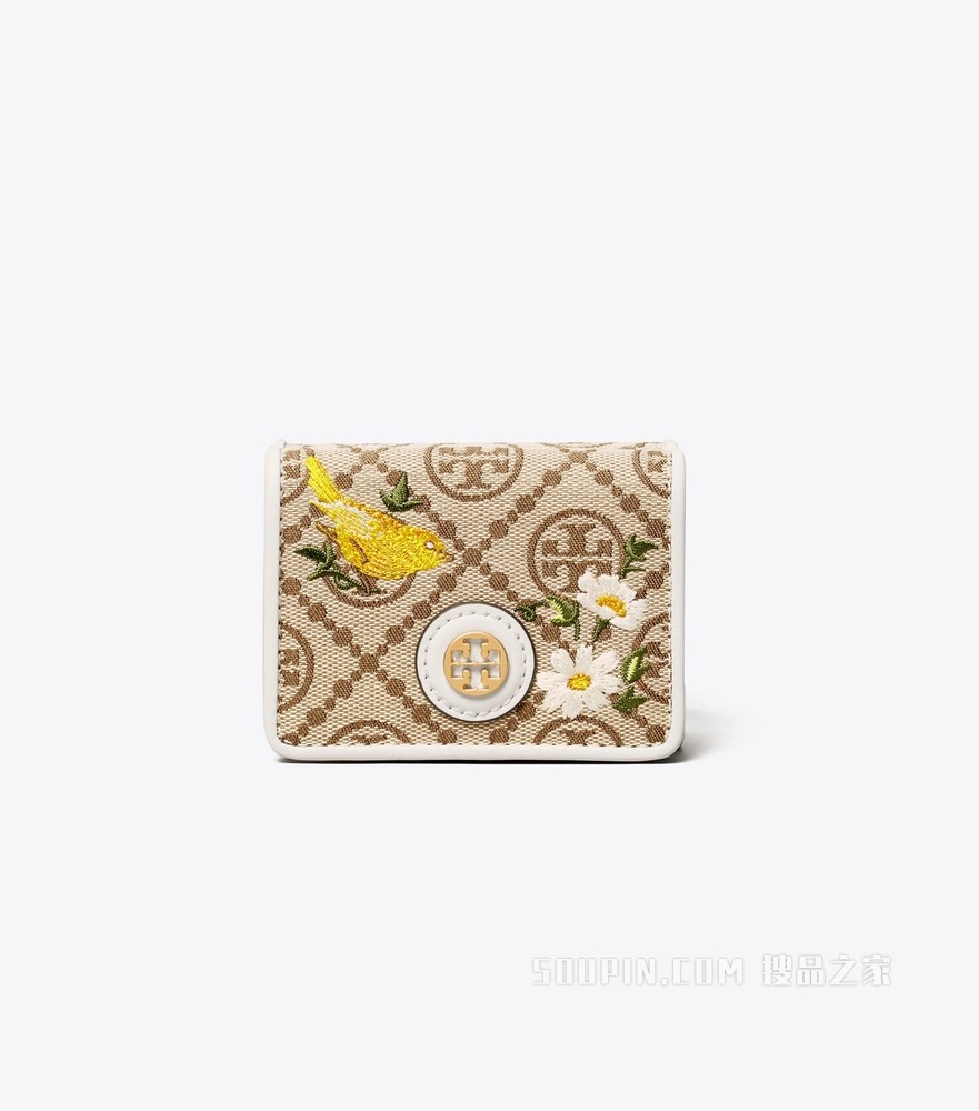 T Monogram 迷你提花刺绣三折钱夹 榛子棕/栀子花白