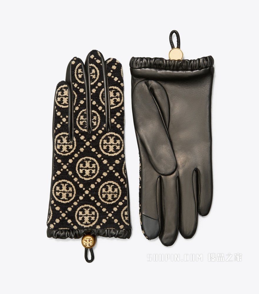 T Monogram 雪尼尔手套 黑色/奶油白