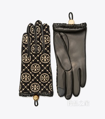 T Monogram 雪尼尔手套 黑色/奶油白