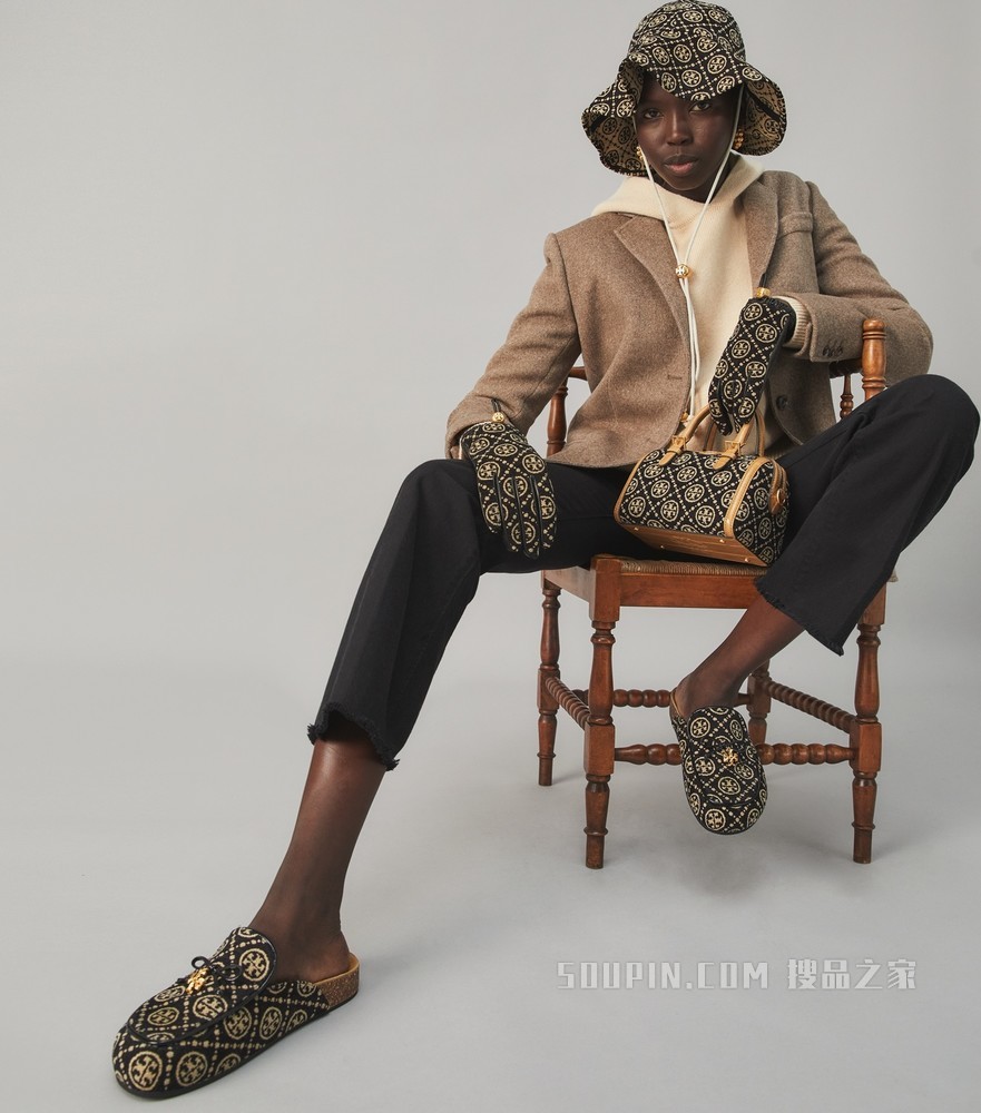 T Monogram 雪尼尔手套 黑色/奶油白