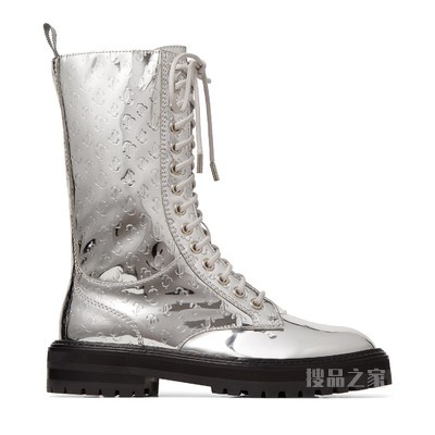 CORA FLAT TALL 银色 JC 字母压纹反光皮革军靴