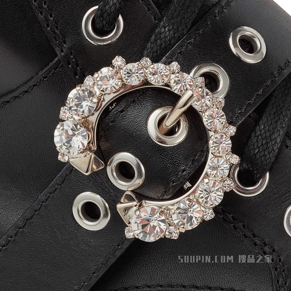 CORA FLAT/CRYSTAL 水晶扣饰黑色柔软小牛皮军靴