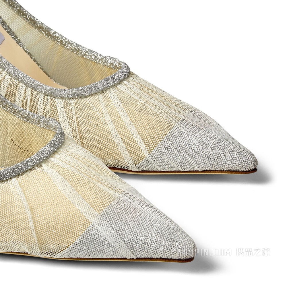 LOVE 85 象牙色薄纱银色金属感闪粉面料高跟鞋