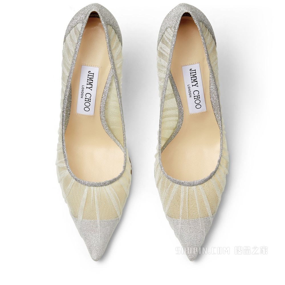 LOVE 85 象牙色薄纱银色金属感闪粉面料高跟鞋