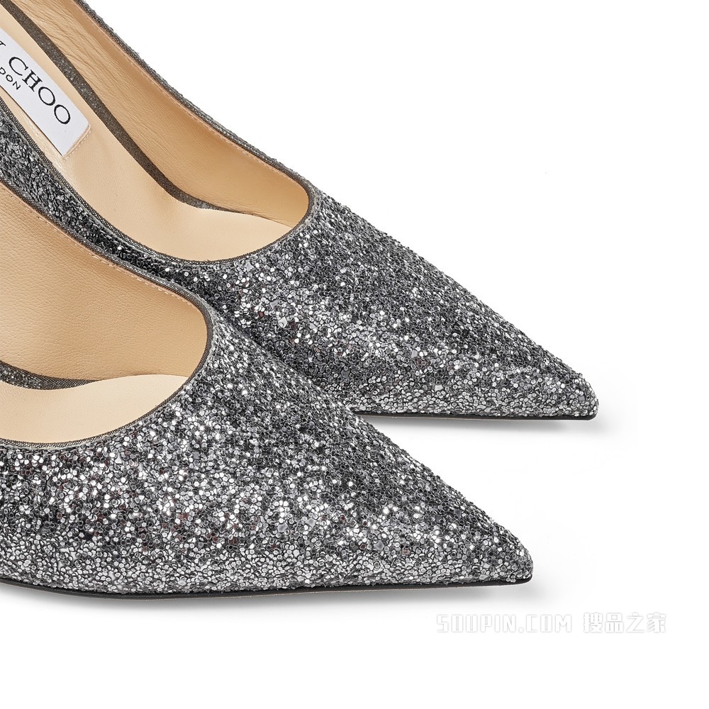 LOVE 85 碳灰色银色撞色粗粒璀璨闪粉渐变面料尖头高跟鞋