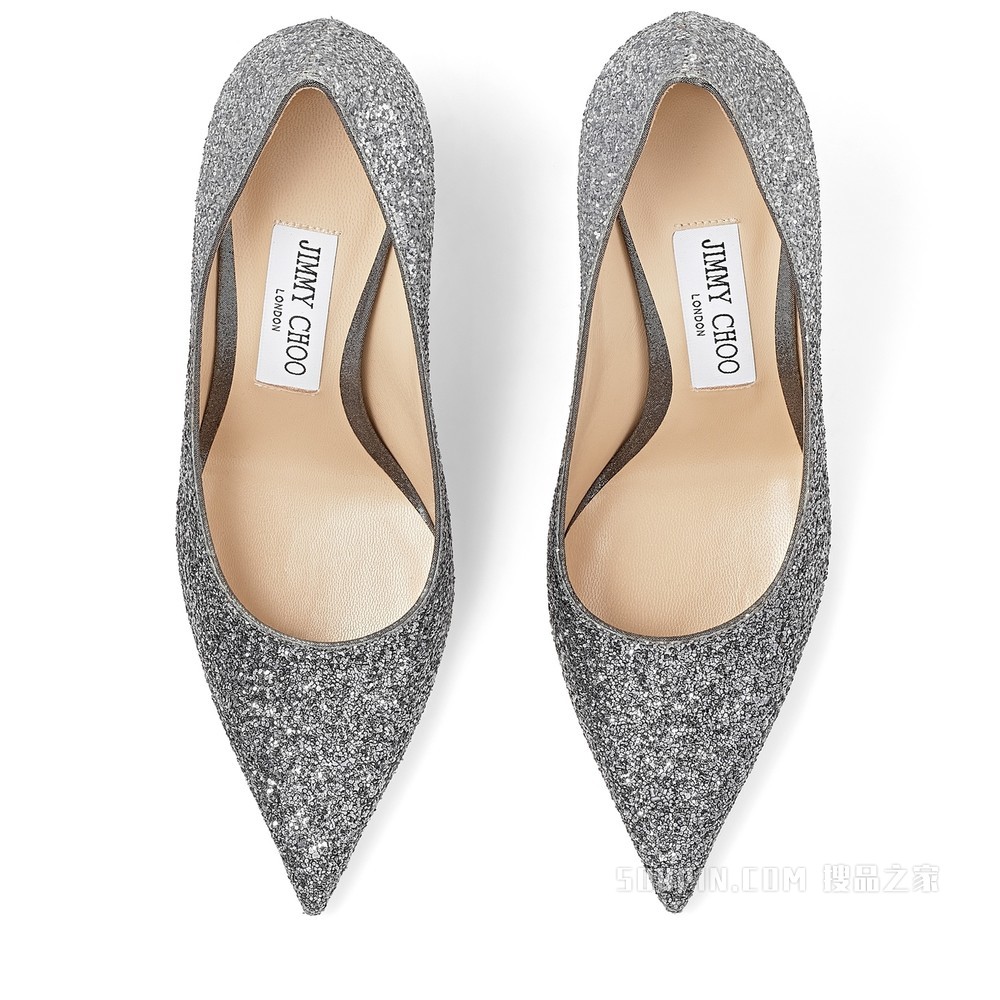 LOVE 85 碳灰色银色撞色粗粒璀璨闪粉渐变面料尖头高跟鞋