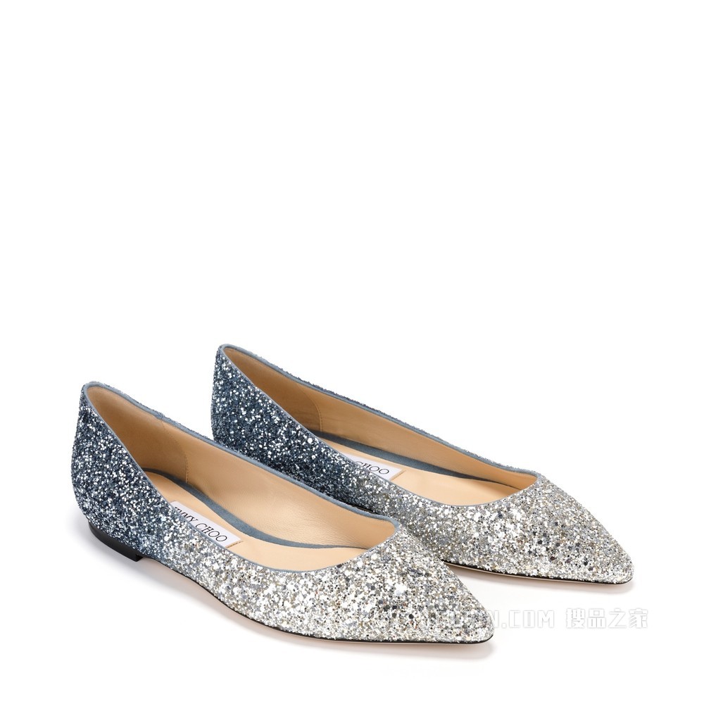 ROMY FLAT 银色暮色蓝撞色火流星闪粉渐变面料尖头平底鞋