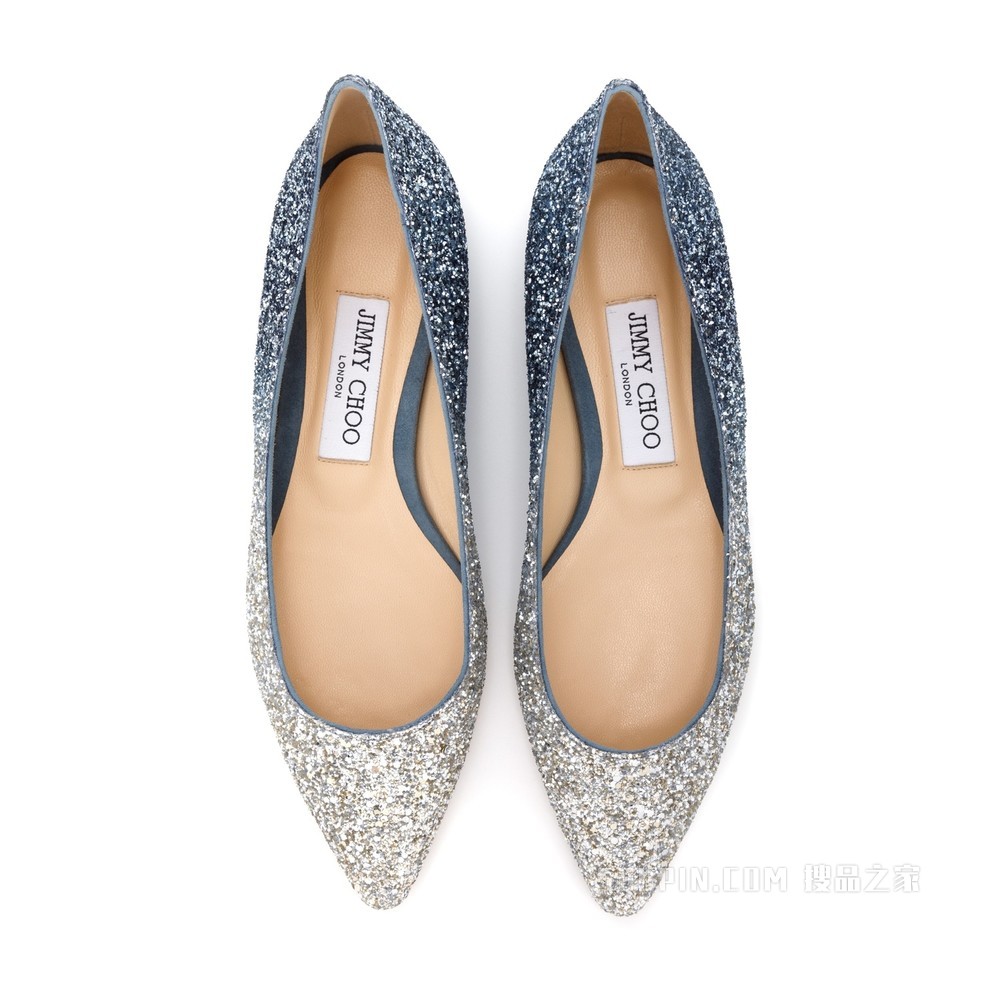 ROMY FLAT 银色暮色蓝撞色火流星闪粉渐变面料尖头平底鞋