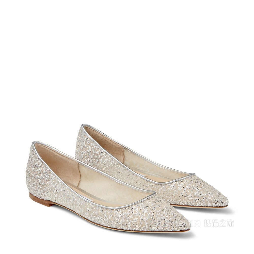 ROMY FLAT 银色闪粉薄纱拼金属感纳帕羊皮尖头平底鞋