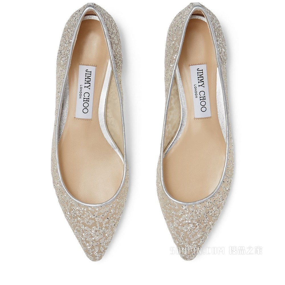 ROMY FLAT 银色闪粉薄纱拼金属感纳帕羊皮尖头平底鞋