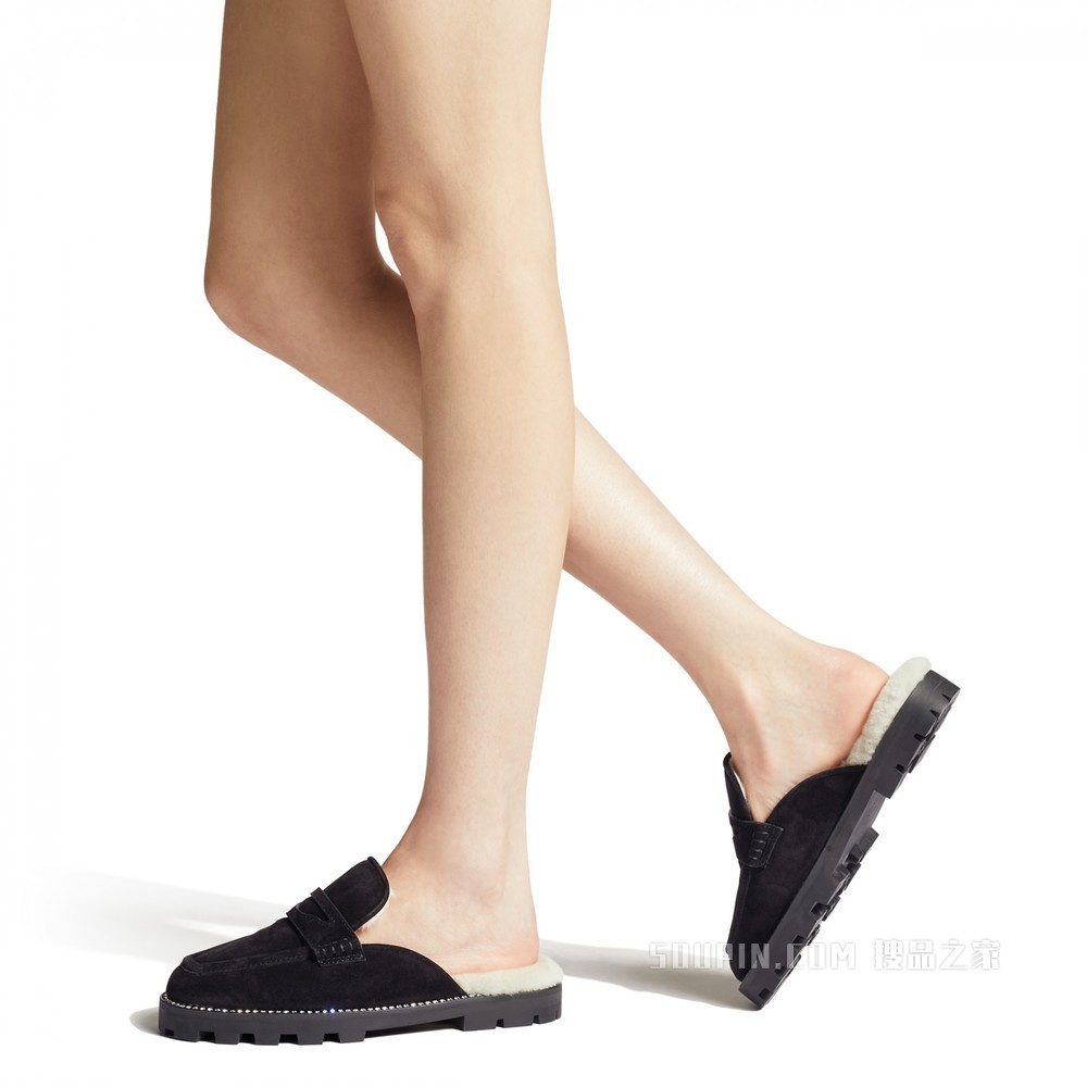 RONNIE FLAT 水晶点缀黑色柔软绒面革一脚蹬乐福鞋