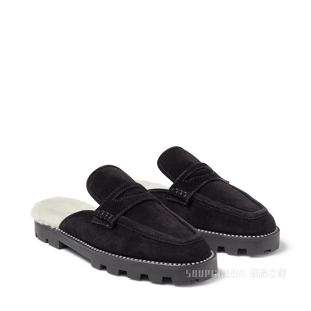 RONNIE FLAT 水晶点缀黑色柔软绒面革一脚蹬乐福鞋