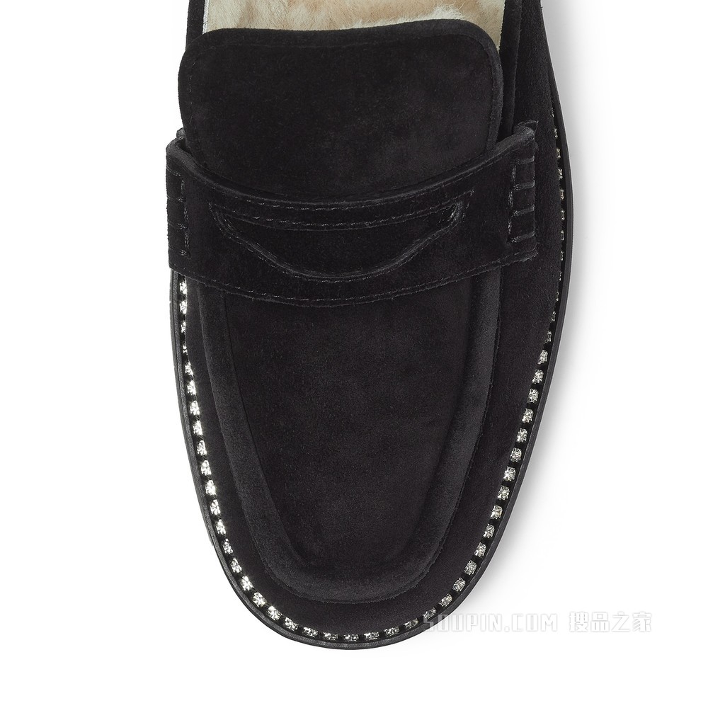 RONNIE FLAT 水晶点缀黑色柔软绒面革一脚蹬乐福鞋