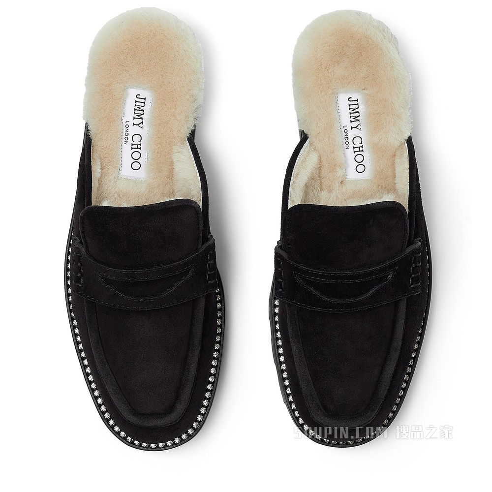 RONNIE FLAT 水晶点缀黑色柔软绒面革一脚蹬乐福鞋
