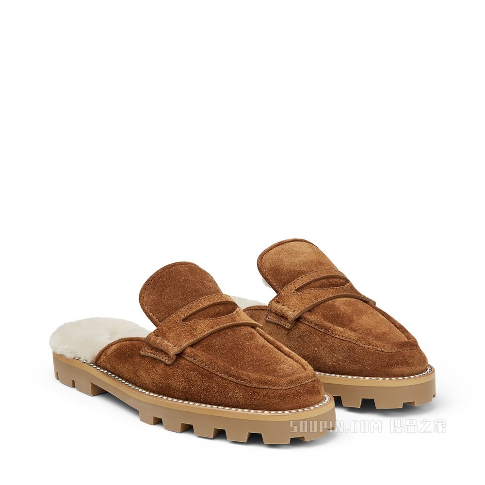 RONNIE FLAT 深褐色柔软绒面革一脚蹬乐福鞋