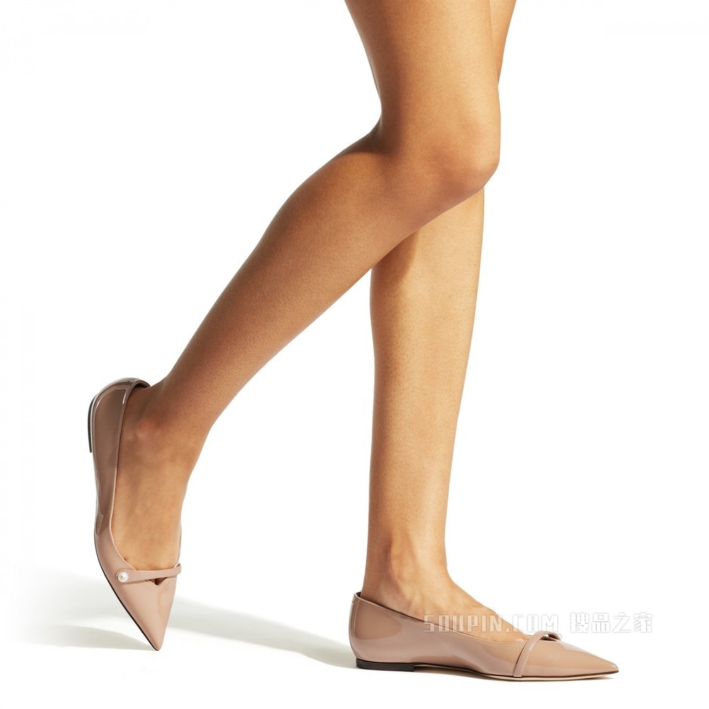 ROSALIA FLAT 珍珠装饰芭蕾粉色漆皮平底鞋