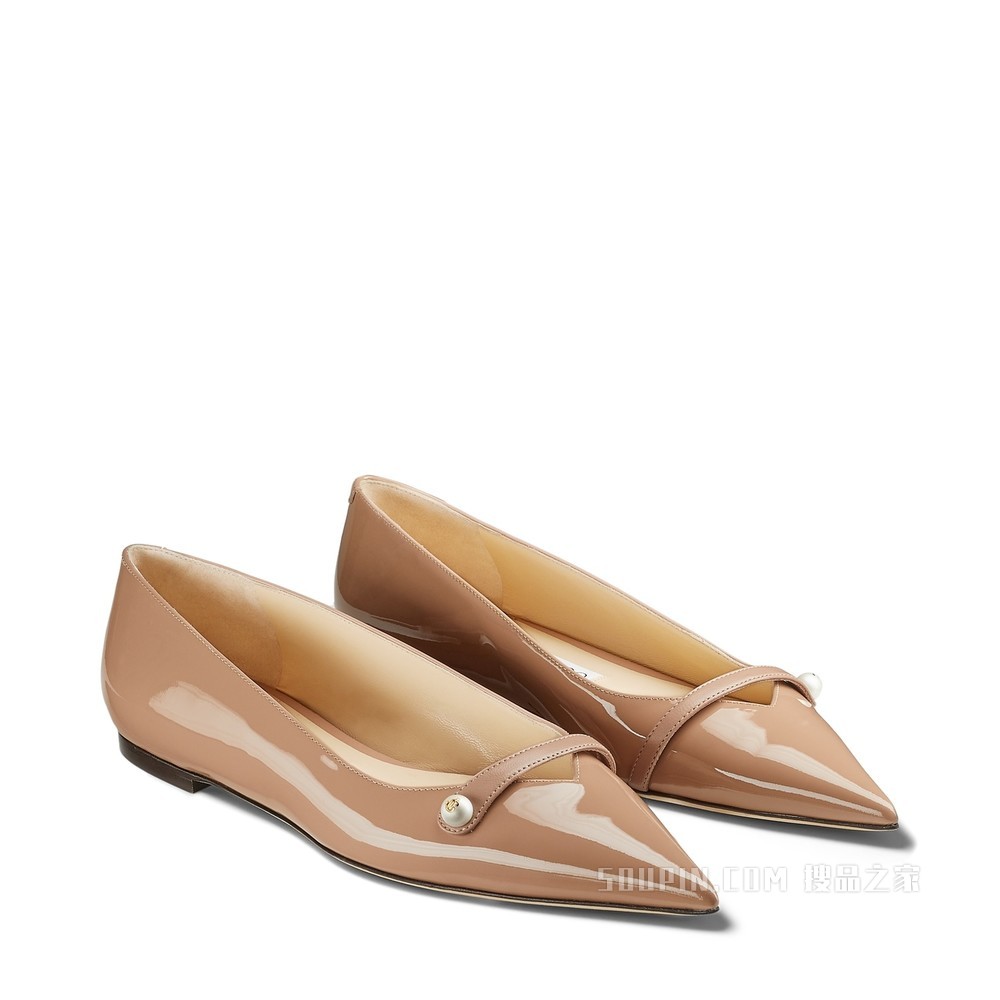 ROSALIA FLAT 珍珠装饰芭蕾粉色漆皮平底鞋