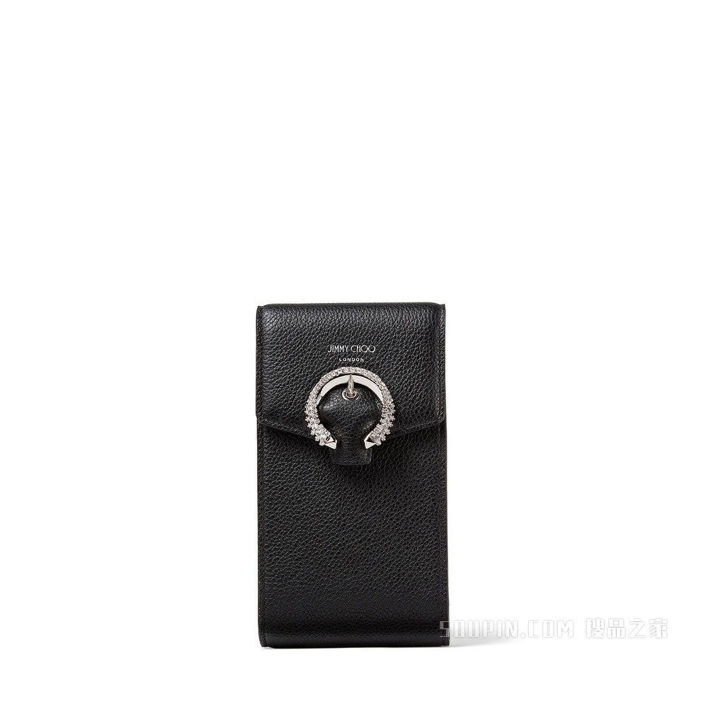 MADELINE PHONE CASE 黑色软粒纹小牛皮水晶扣手机包