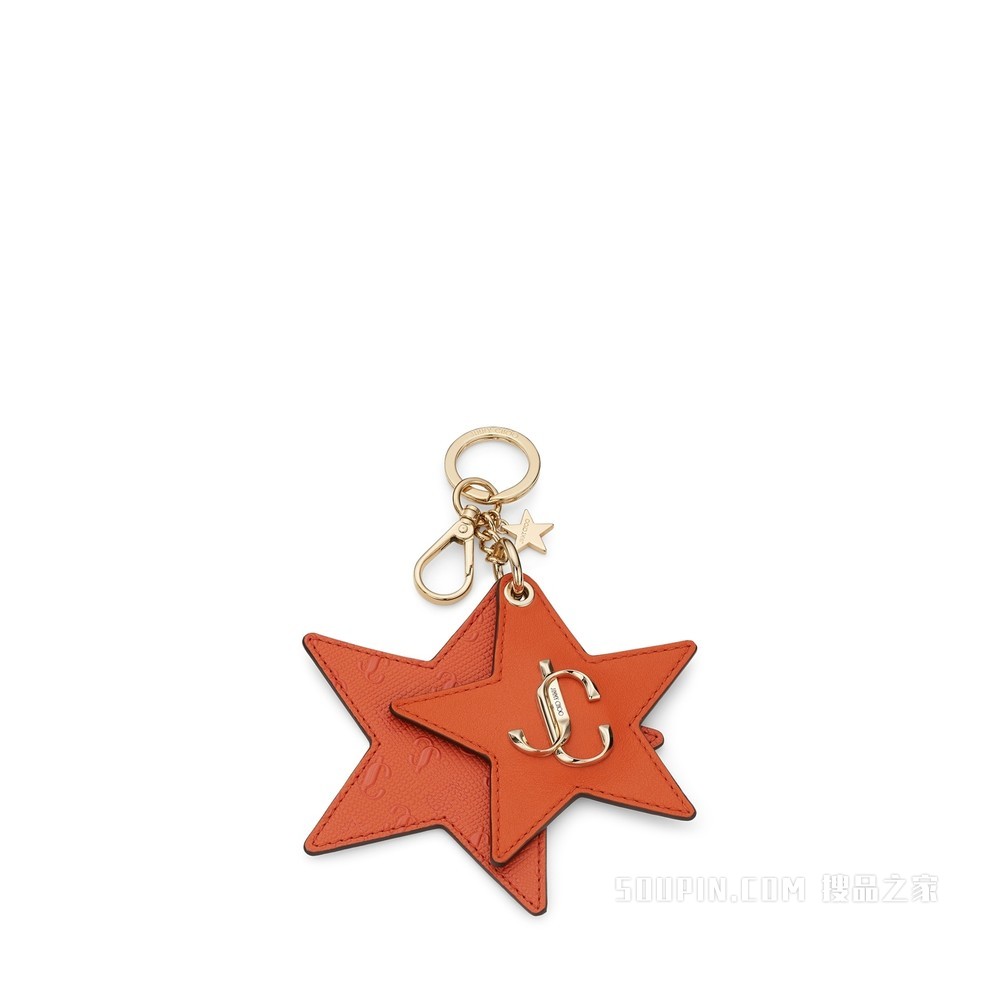 JC STAR KEYRING 琥珀橙色 JC 字母印花粒纹皮钥匙环