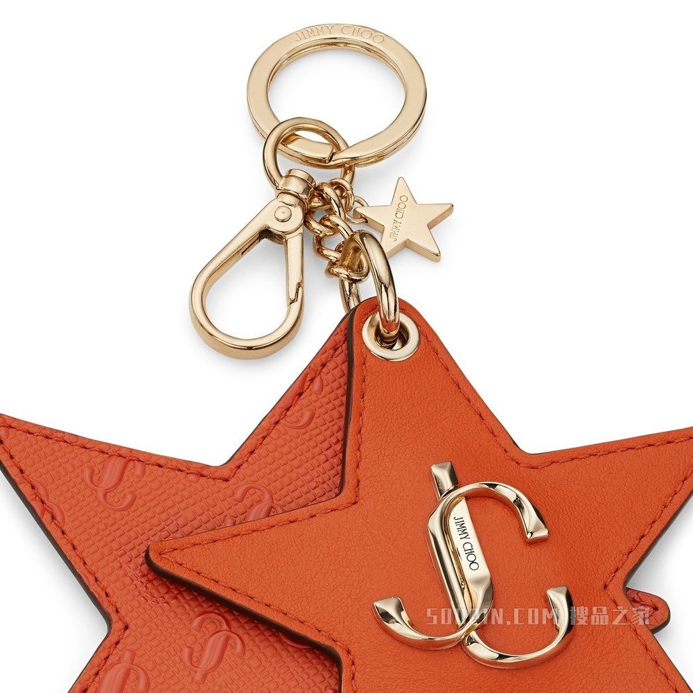 JC STAR KEYRING 琥珀橙色 JC 字母印花粒纹皮钥匙环
