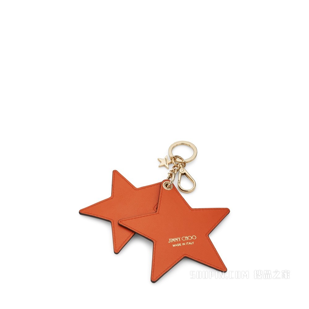 JC STAR KEYRING 琥珀橙色 JC 字母印花粒纹皮钥匙环