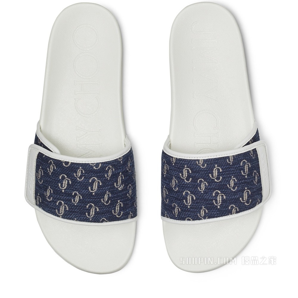 FITZ/M 海军蓝色底色白色 JC logo 提花面料拼白色纳帕羊皮涉水凉拖鞋