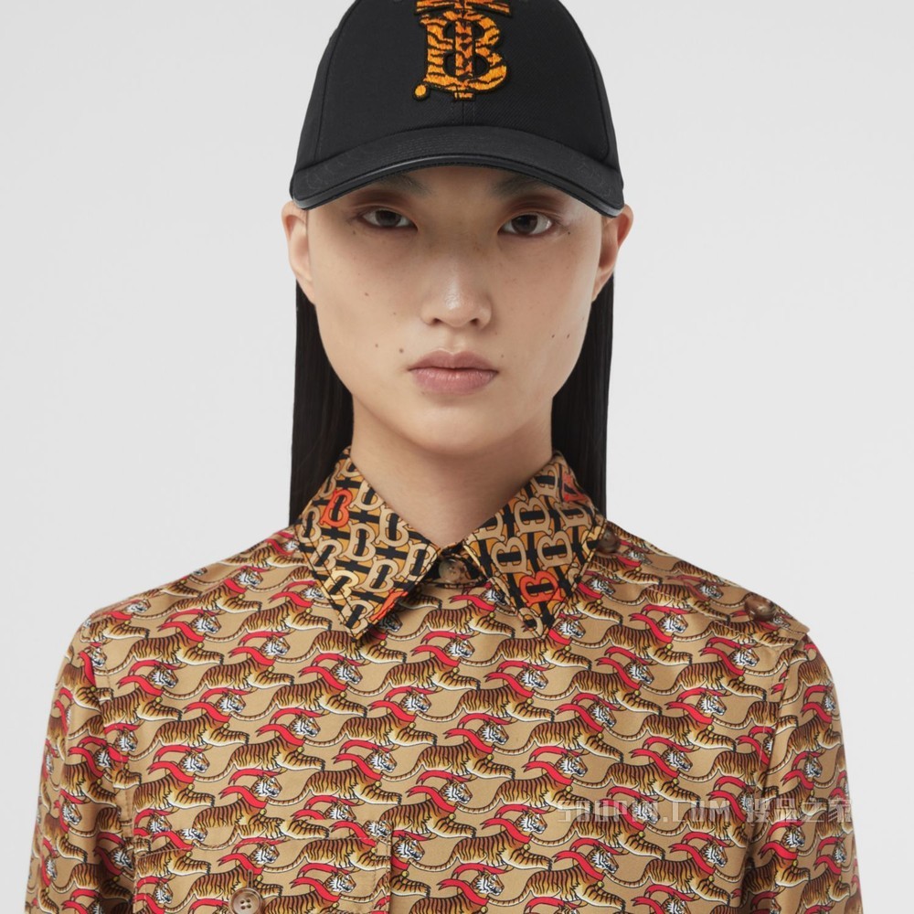 老虎图案拼专属标识丝质衬衫式连衣裙 (蜂蜜米色) - 女士