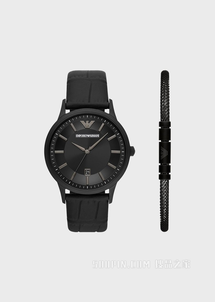 雅黑皮革环形石英腕表手镯礼盒套装 | Emporio Armani