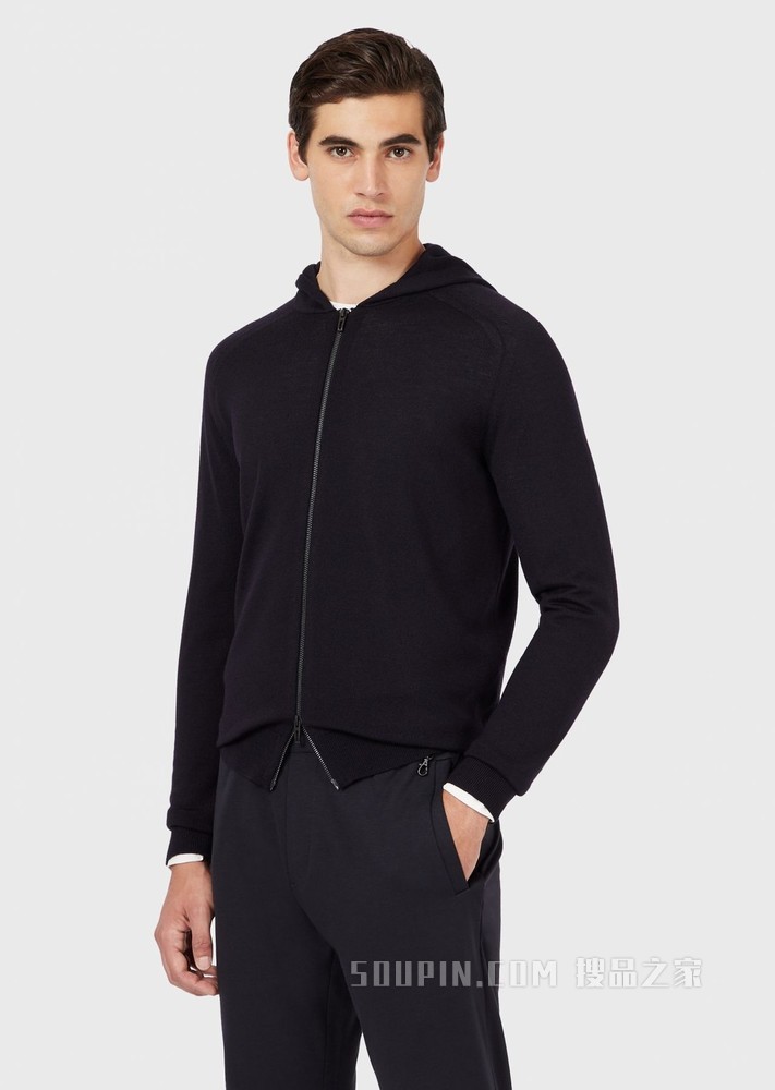 羊毛拉链连帽针织开衫 | Emporio Armani